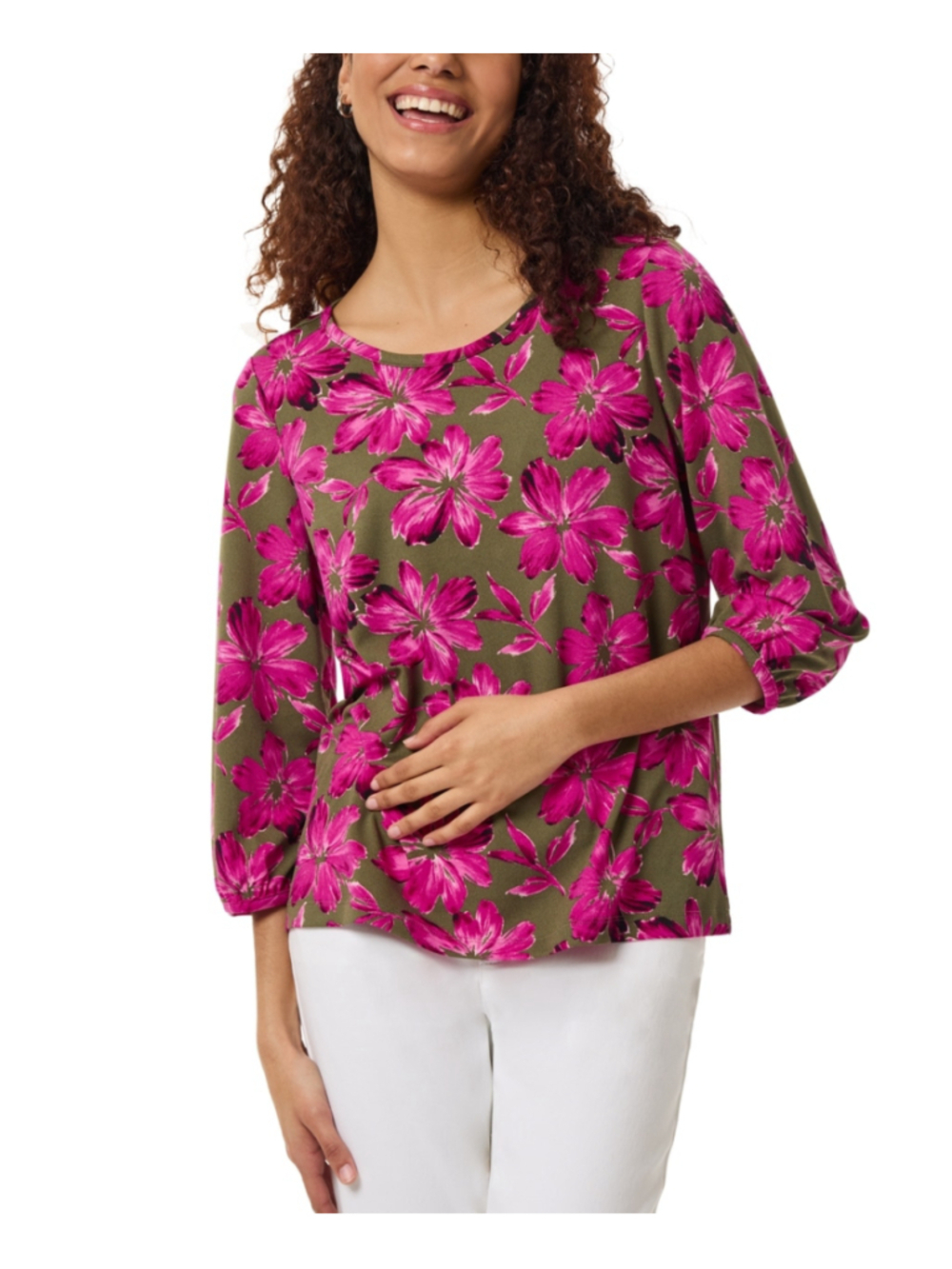 Jones New York XS Petite Pink Floral Printed Crewneck 3/4-Sleeve Top NWT